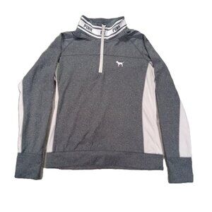 PINK Victoria Secret Ultimate Pullover Women Large 1/4 Zip Grey White Activewear